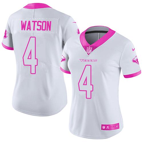 Nike Texans #4 Deshaun Watson White/Pink Women's Stitched NFL Limited Rush Fashion Jersey